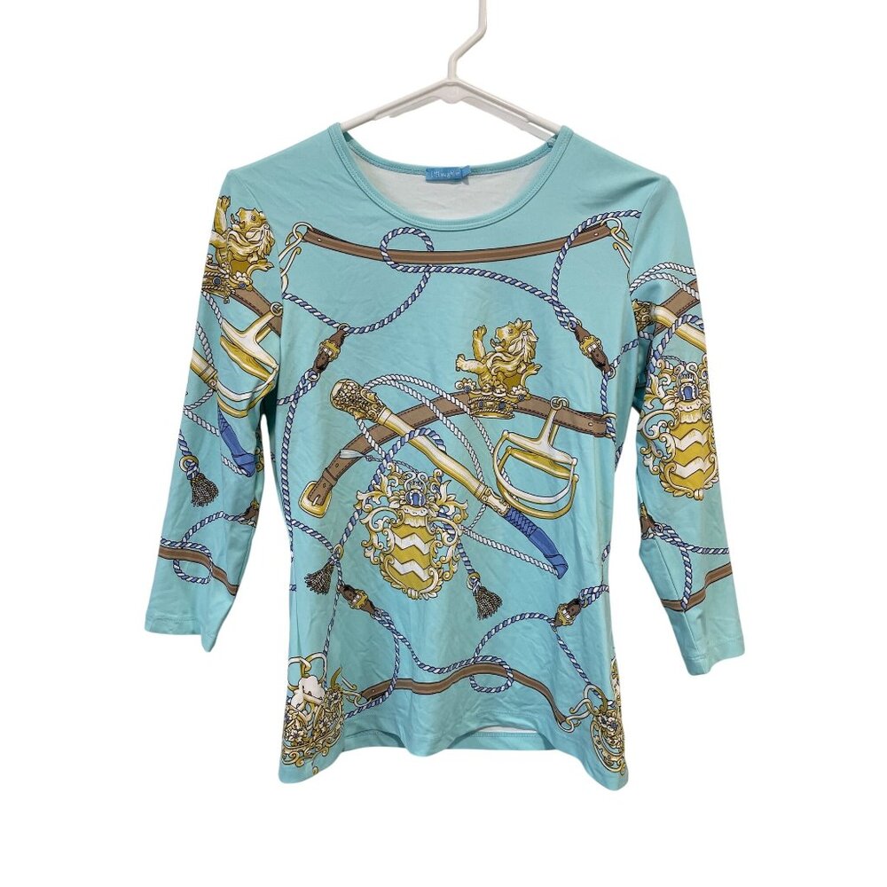 J McLaughlin Top Size Small Crewneck Quarter Sleeve Rope Chain Print Equestrian